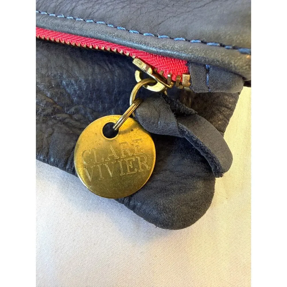 Clare V Vivier Vintage Mini Navy Leather Red Zip Pouch, Coin Purse Clutch